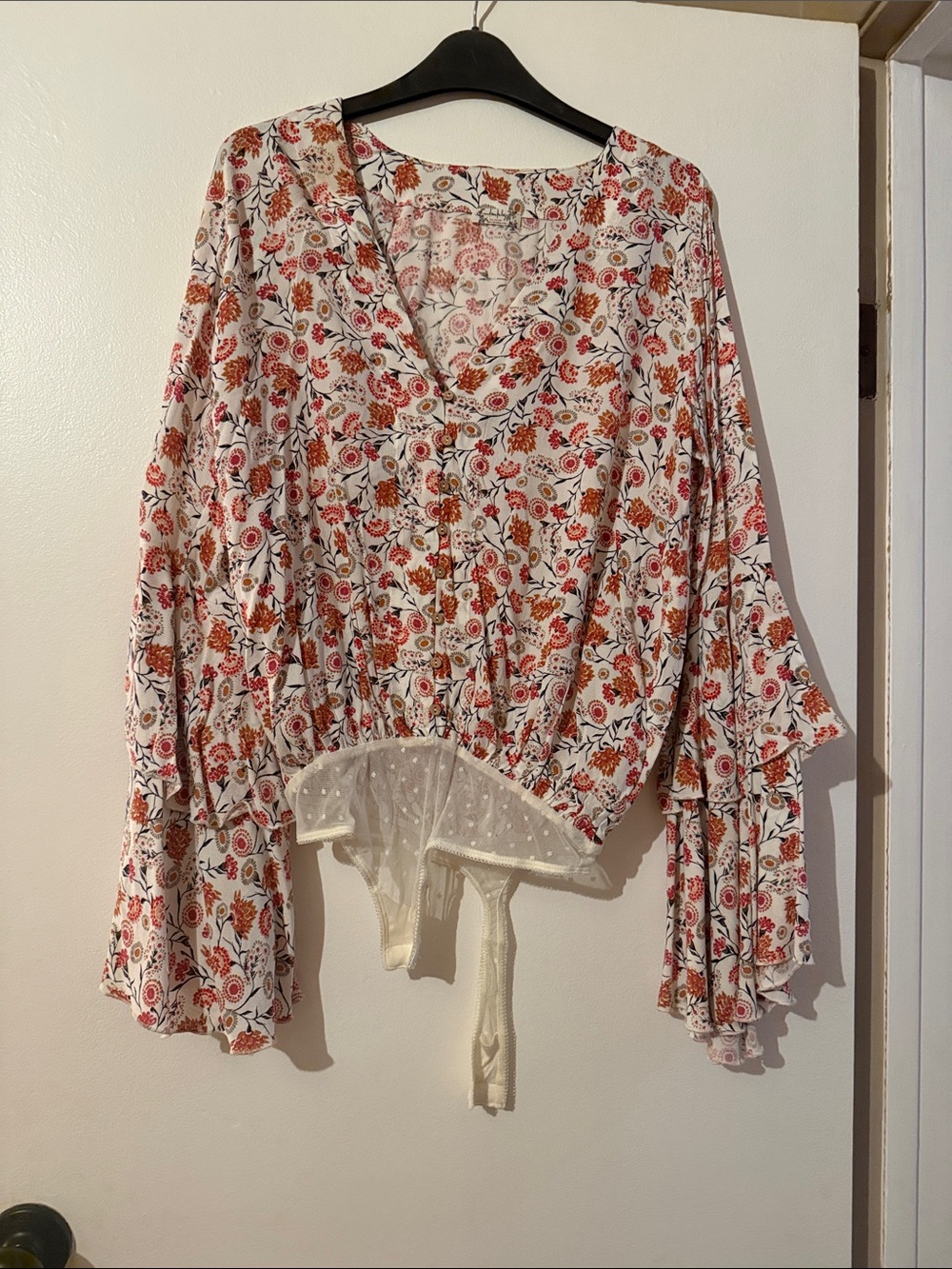 Free People Cream Blouse with Rust and Pink Floral Print